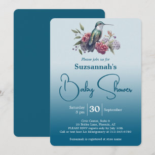 Kolibri & Blommor Teal Ombre Bebis Shower Inbjudningar