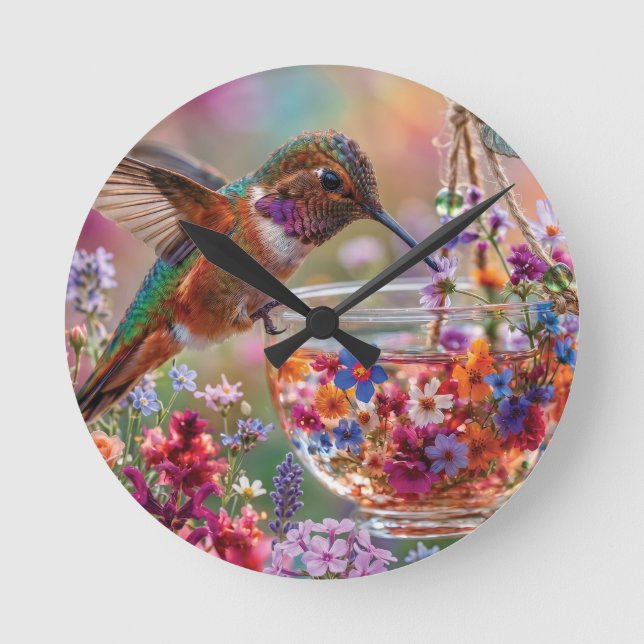 Kolibri dricker nektar från blomster-te-kopp rund klocka (Framsida)