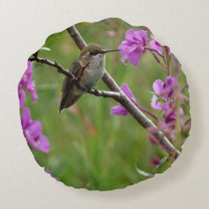 Kolibri grön lila rosa blommig bakgrund rund kudde