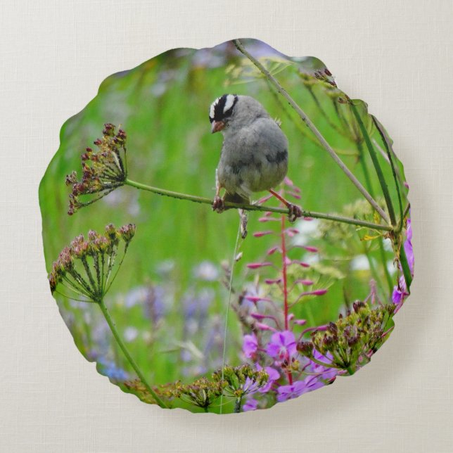 Kolibri grön lila rosa blommig bakgrund rund kudde (Baksidan)