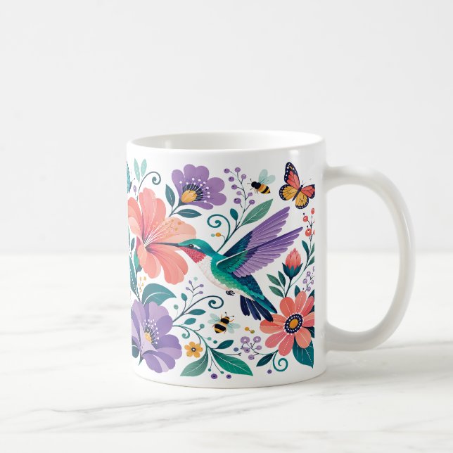 Kolibri i en blomstrande blomsterträdgård kaffemugg (Höger)