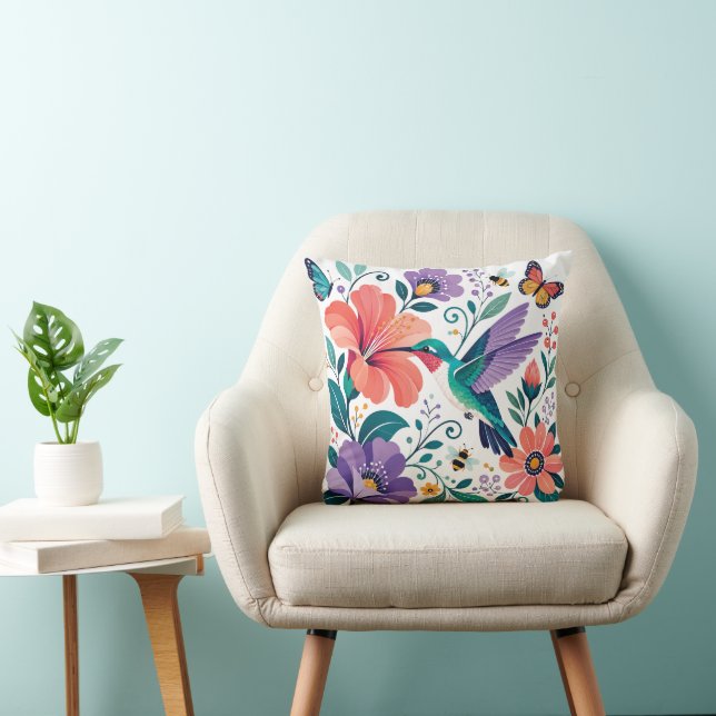 Kolibri i en blomstrande blomsterträdgård kudde (Stol)