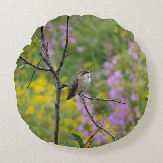 Kolibri lila rosa blommig bakgrund rund kudde (Framsidan)