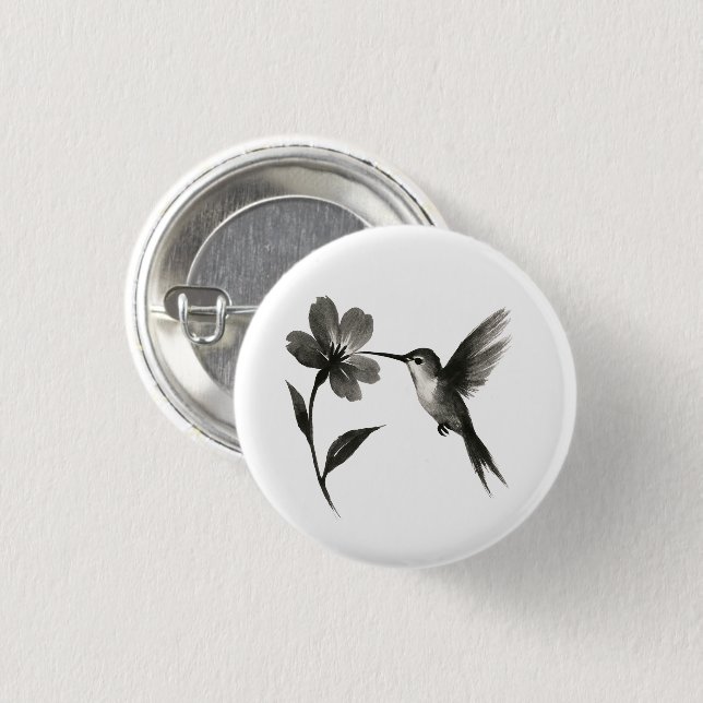 Kolibri med blomma – tuschdesign på  knapp (Framsida & baksida)