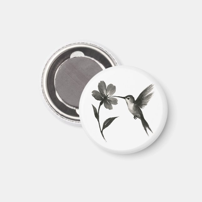 Kolibri med blomma – tuschpenseldesign på  magnet (Front/Back)