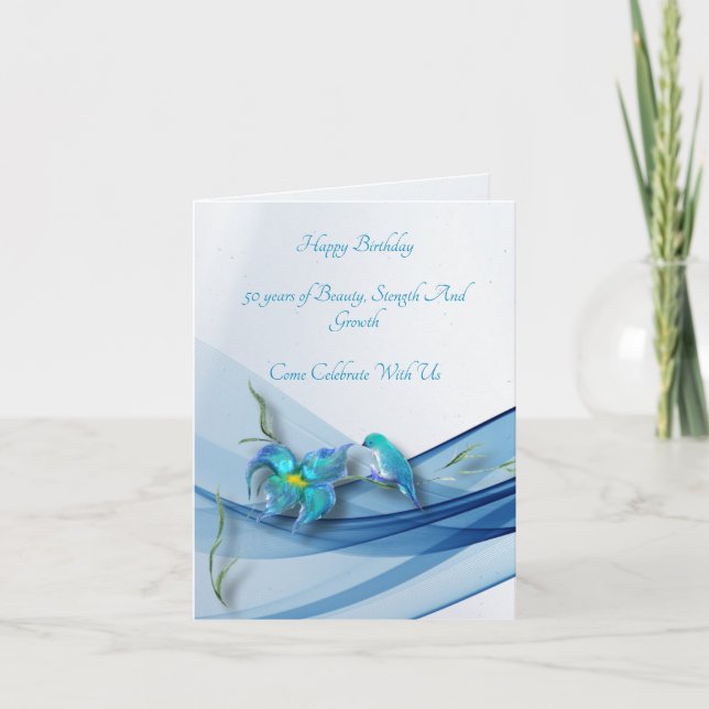 Kolibri och blå våg Födelsedags kort i vikbar desi (Framsida)