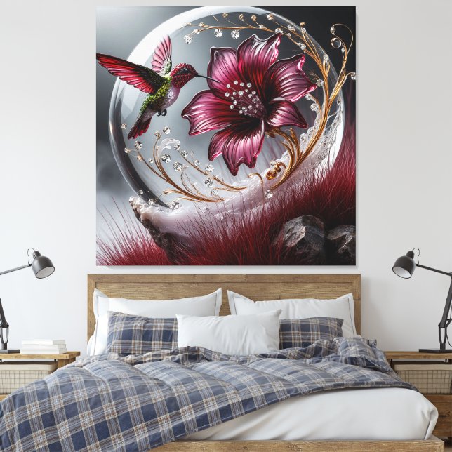 Kolibri och blomdetaljer med ädelstensaccenter canvastryck (Insitu (sovrum))