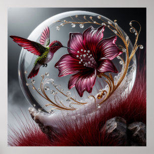 Kolibri och blomdetaljer med ädelstensaccenter poster