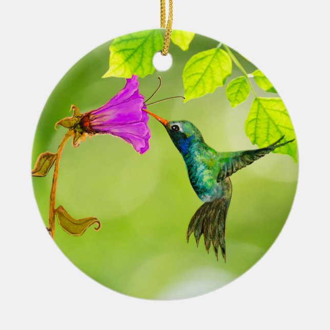 Kolibri och blomma hängande drag julgransprydnad keramik (Framsidan)