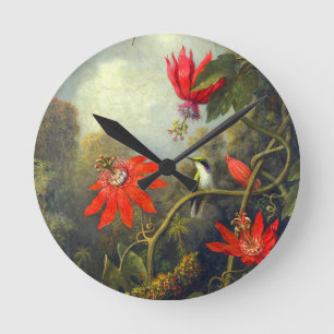Kolibri- och passionsblommor-målning rund klocka