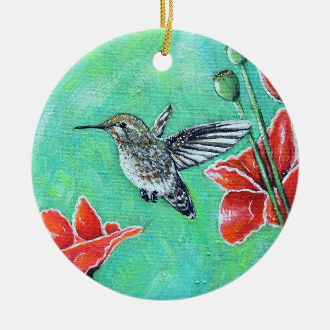 Kolibri- och vallmoblomålning julgransprydnad keramik (Framsidan)