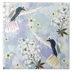 Kolibri och vita blommor kakelplatta