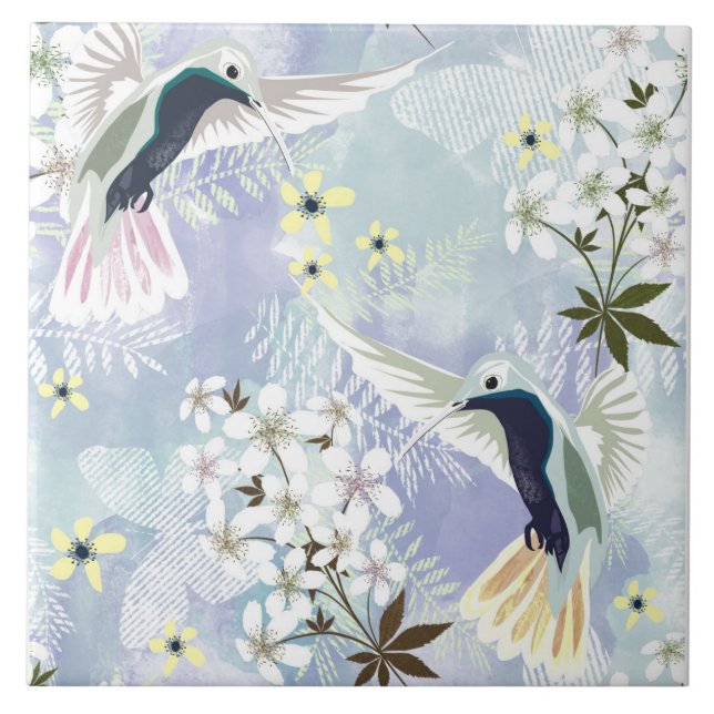 Kolibri och vita blommor kakelplatta (Framsidan)