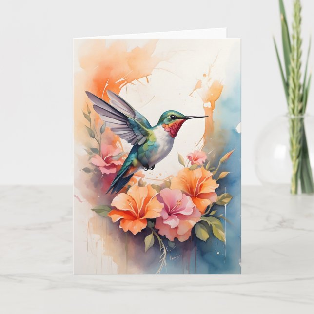 Kolibri omgiven av färgglada blommor Blank Kort (Framsida)