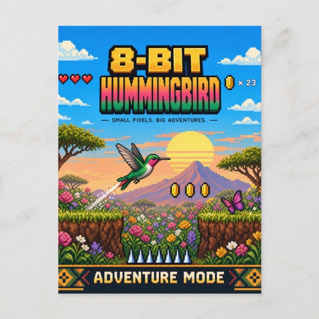 Kolibri, Retro 8-Bit Pixel Art Vykort (Framsida)
