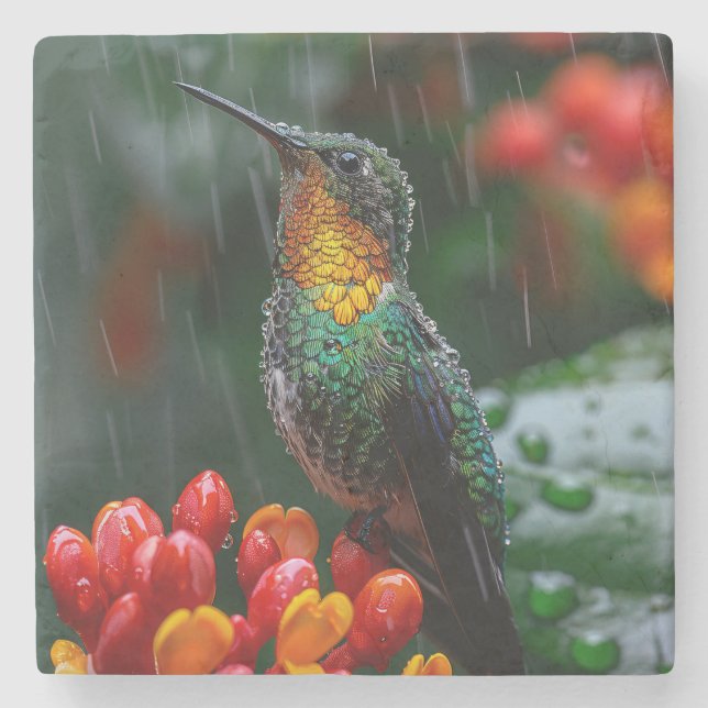Kolibri sittande på ljus blomma stenunderlägg (Framsidan)