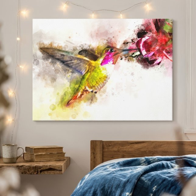 Kolibri som äter av rosa blomma i akvarell canvastryck (Hummingbird Feeding on Pink Flower Watercolor. Canvas Print )