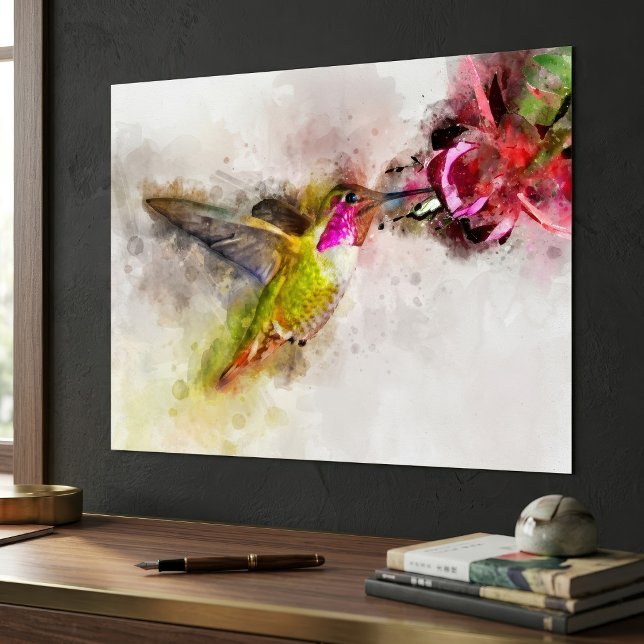 Kolibri som äter från rosa blomma i akvarell poster (Hummingbird Feeding on Pink Flower Watercolor. Poster)