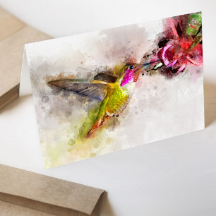 Kolibri som äter från rosa blomma i akvarell tack kort