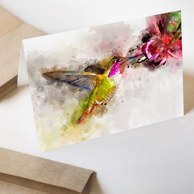 Kolibri som äter från rosa blomma i akvarell tack kort (Hummingbird Feeding on Pink Flower Watercolor. Thank You Card)