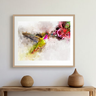 Kolibri som dricker av rosa blomma i akvarell fototryck