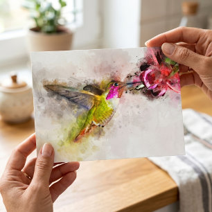 Kolibri som dricker nektar från rosa blomma i akva vykort