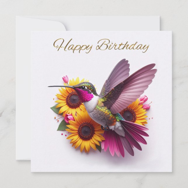 Kolibri som flyger med blommor Glad födelsedag (Framsida)