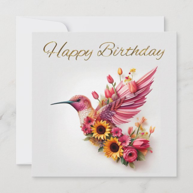 Kolibri som flyger med blommor Glad födelsedag (Framsida)