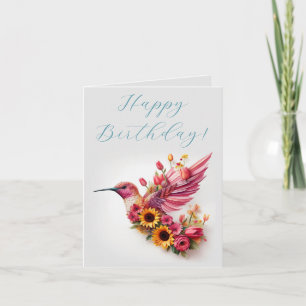 Kolibri som flyger med blommor Glad födelsedag Kort