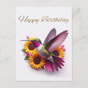 Kolibri som flyger med blommor Glad födelsedag Vykort
