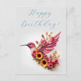 Kolibri som flyger med blommor Glad födelsedag Vykort