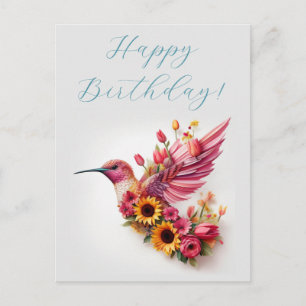 Kolibri som flyger med blommor Glad födelsedag Vykort