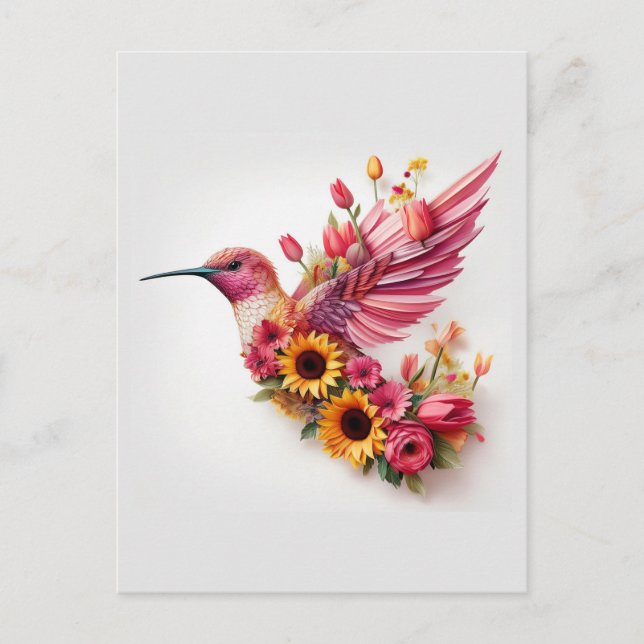 Kolibri som flyger med blommor vykort (Framsida)
