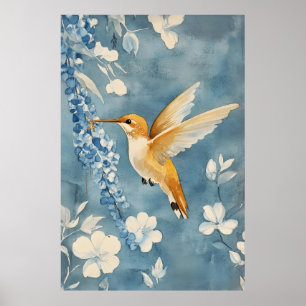 kolibri under flykt mitt i vita blommor poster