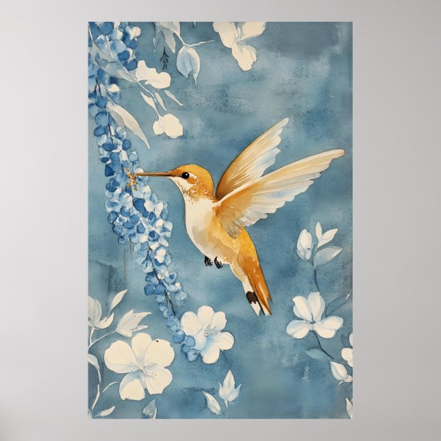 kolibri under flykt mitt i vita blommor  poster (Framsidan)