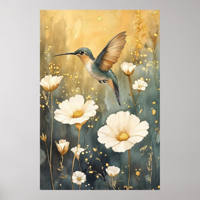 kolibri under flykt mitt i vita blommor poster (Framsidan)