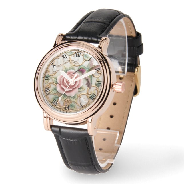 Kolibri Vintage Viktoriansk Rosa Ros Blommig Armbandsur (Vinkel)