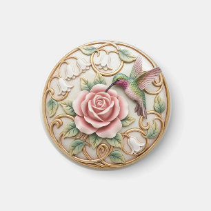 Kolibri Vintage Viktoriansk Rosa Ros Blommig Magnet