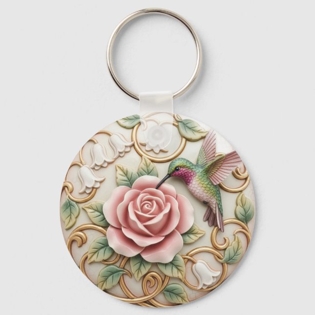 Kolibri Vintage Viktoriansk Rosa Ros Blommig Nyckelring (Framsida)