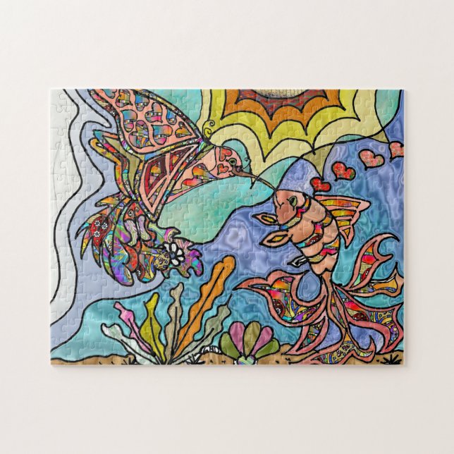 Kolibrie Guldflsk Reflektion Fantasy Art Pussel (Horisontell)