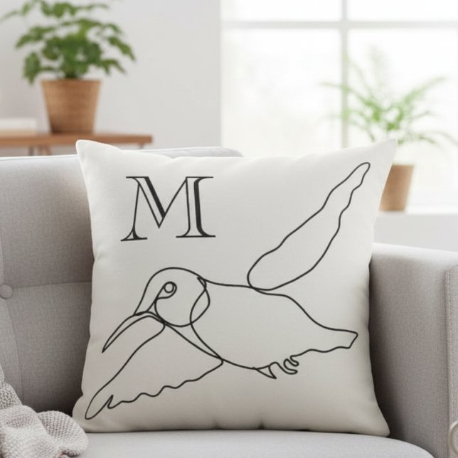 Kolibrie Linje Konst Monogram Husvärmning Kudde (Minimalist modern hummingbird line art initial pillow)