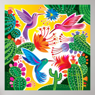 Kolibrier och blommande kaktusar poster