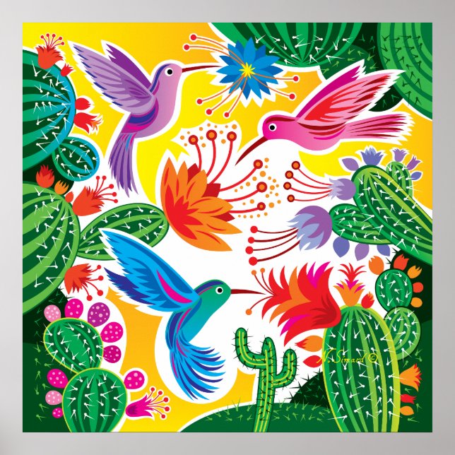 Kolibrier och blommande kaktusar poster (Framsidan)