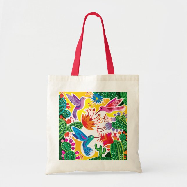 Kolibrier och blommande kaktusar tygkasse (Framsidan)