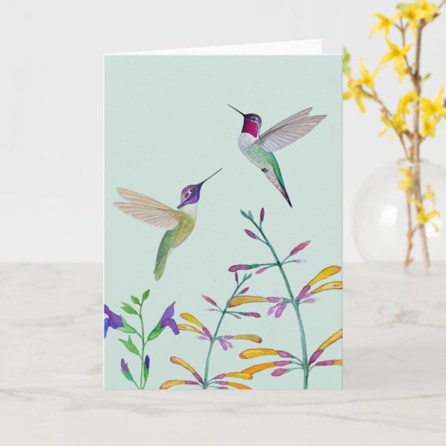 Kolibrier och blommor kort (Gul blomma)