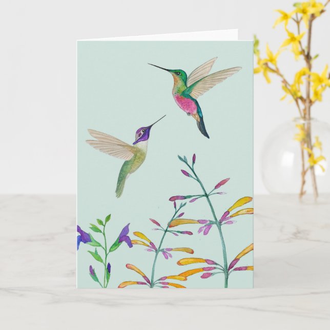 Kolibrier och blommor kort (Gul blomma)