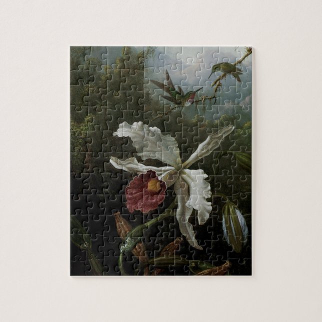 Kolibrier och Vit Orchidéa av Martin J. Heade Pussel (Vertikal)