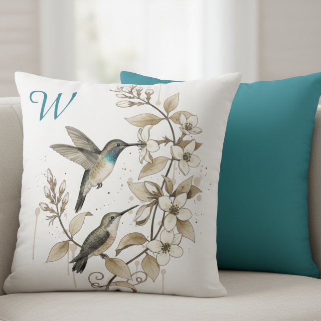 Kolibriflikt Botaniska Cottagestil Moster Present Kudde (Hummingbird monogram decorative pillow)