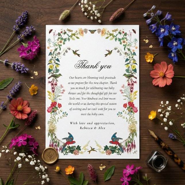 Kolibrins Blommiga Trädgårds Baby Shower Tack Kort (Skapare uppladdad)