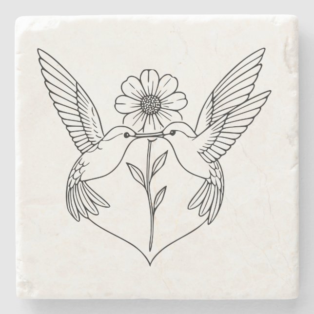 Kolibris i hjärtform med blomlinjekonst stenunderlägg (Framsidan)